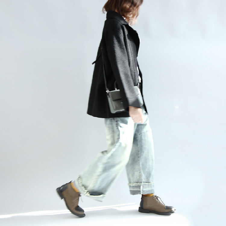 Black Woolen Cape Coats Oversized Zippered Short Jackets