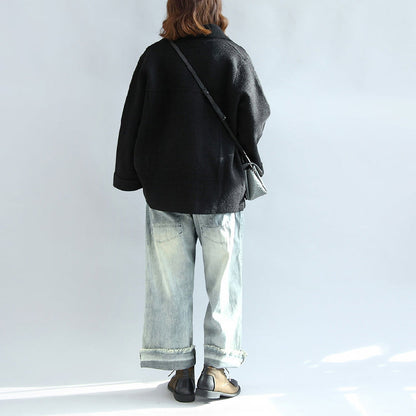 Black Woolen Cape Coats Oversized Zippered Short Jackets