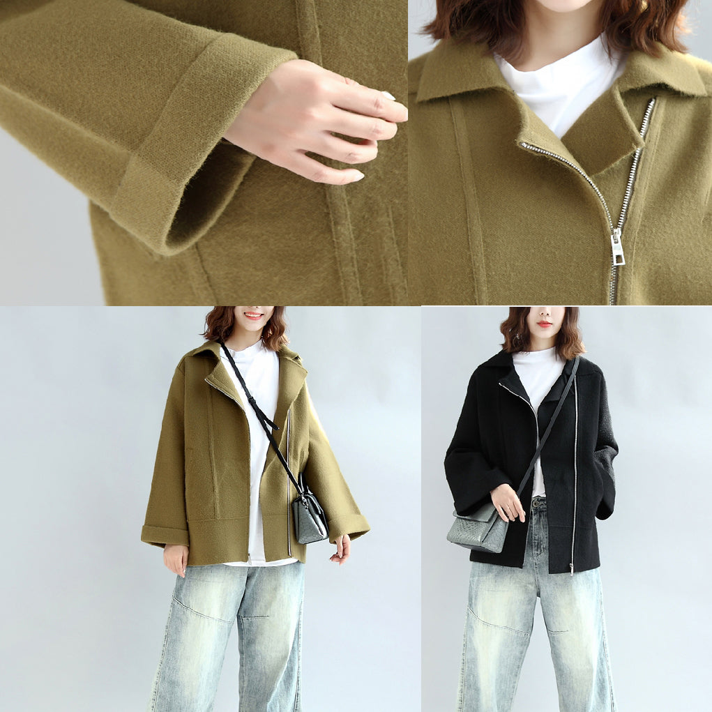 Black Woolen Cape Coats Oversized Zippered Short Jackets