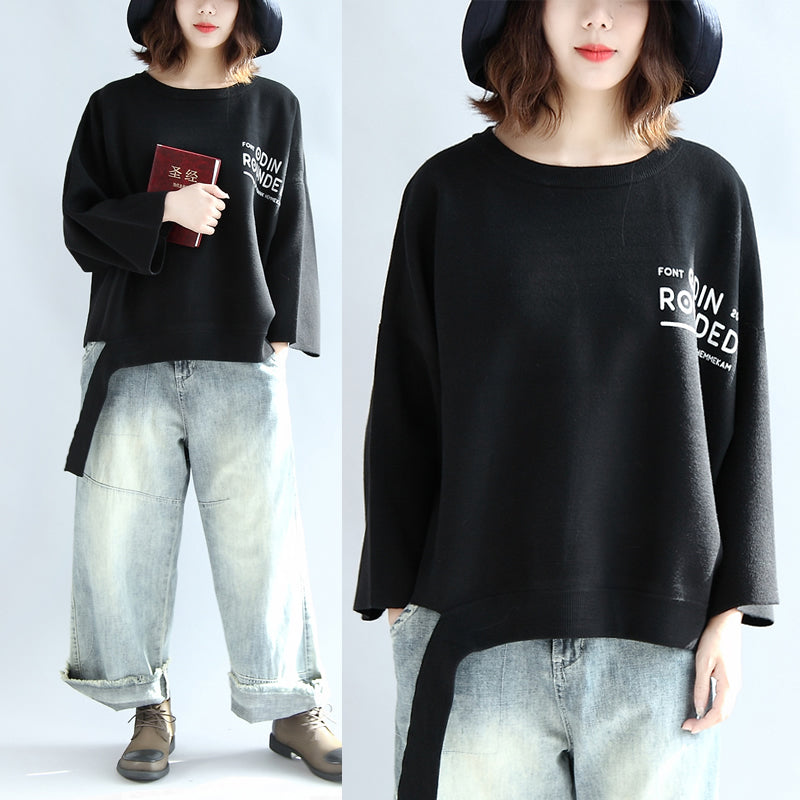 Black Woolen Short Tops Oversize Winter Clothing T Shirts