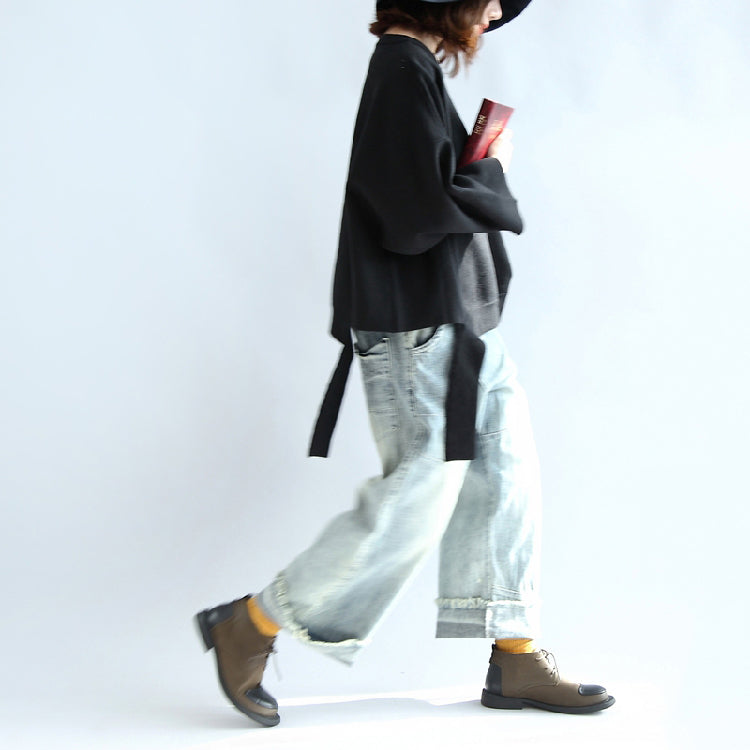 Black Woolen Short Tops Oversize Winter Clothing T Shirts