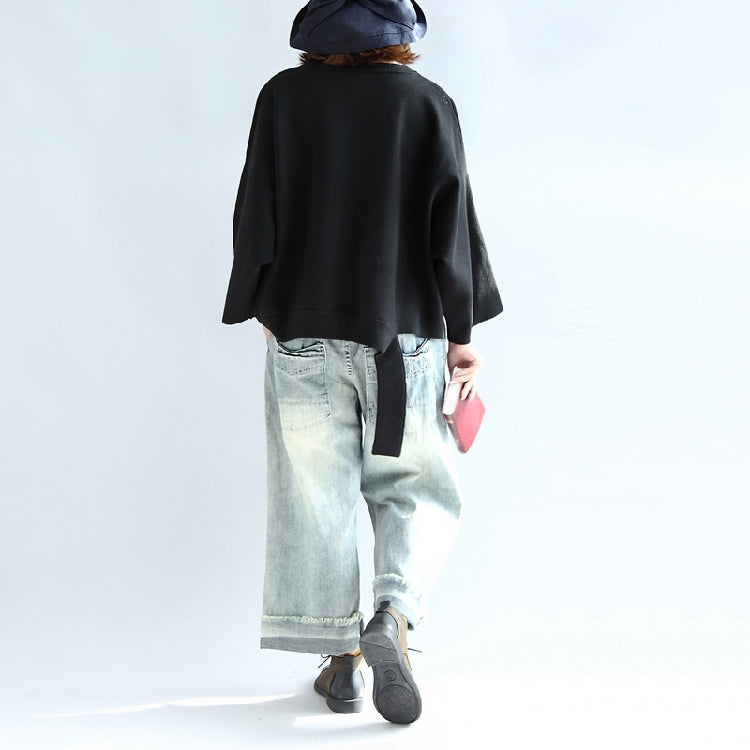 Black Woolen Short Tops Oversize Winter Clothing T Shirts