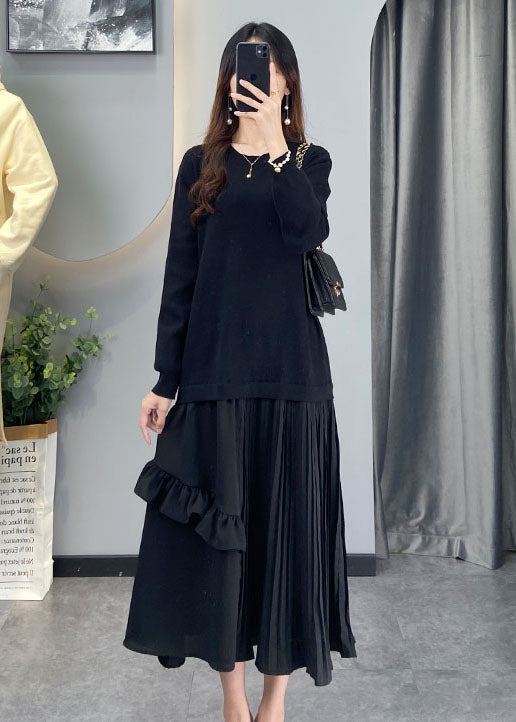 Black Wrinkled Patchwork Knit Vacation Dresses Winter