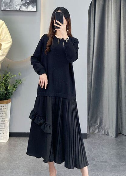 Black Wrinkled Patchwork Knit Vacation Dresses Winter