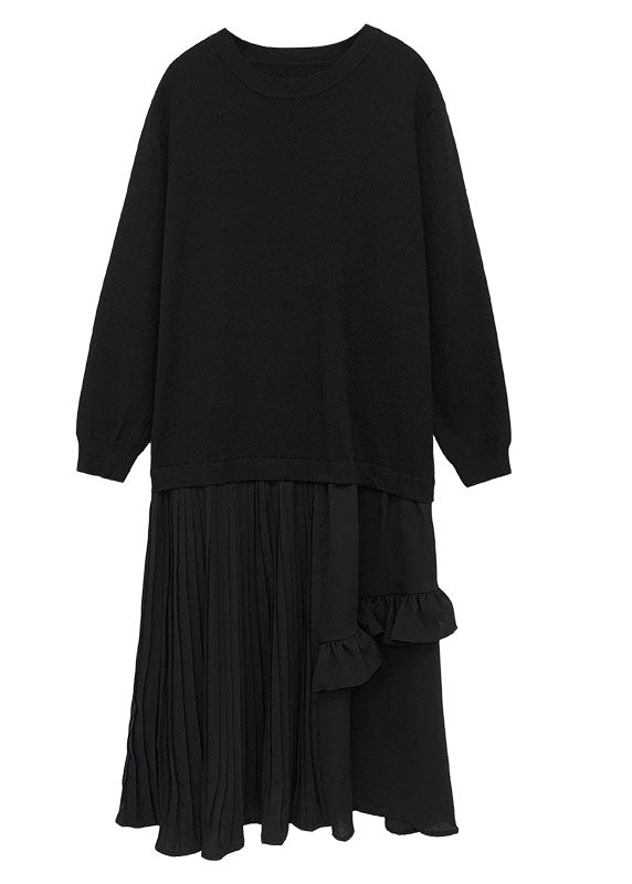 Black Wrinkled Patchwork Knit Vacation Dresses Winter