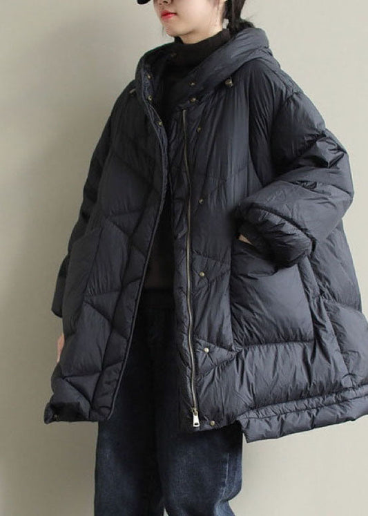 Black Zippered Button Loose Winter Duck Down Jackets