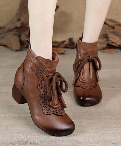Black Zippered Cowhide Leather Boots Lace Up Boots