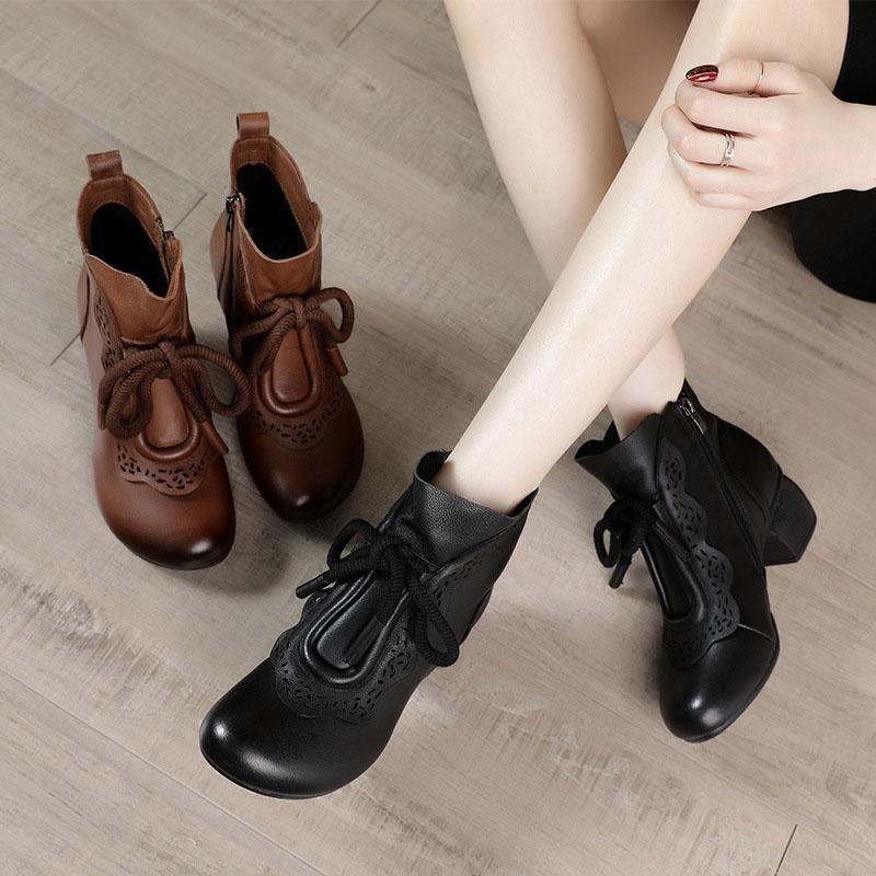Black Zippered Cowhide Leather Boots Lace Up Boots