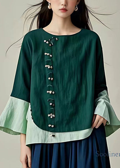 Blackish Green Patchwork Linen Top Oversized Flare Sleeve