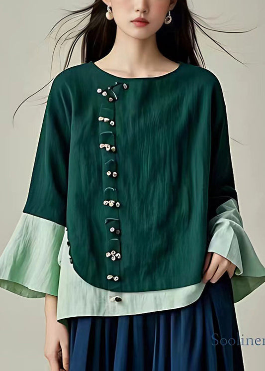 Blackish Green Patchwork Linen Top Oversized Flare Sleeve