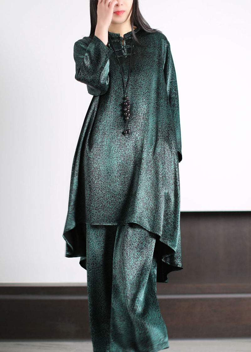 Blackish Green Patchwork Tops and Pants Silk Two Pieces Set Long Sleeve