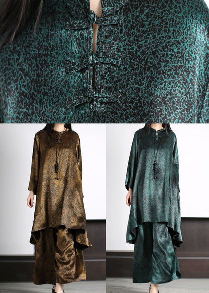 Blackish Green Patchwork Tops and Pants Silk Two Pieces Set Long Sleeve