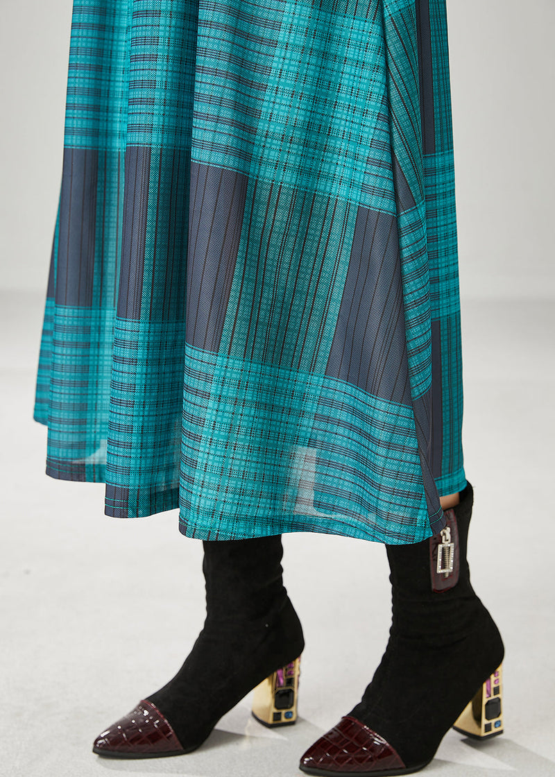 Blackish Green Plaid Cotton a Line Skirt Spring