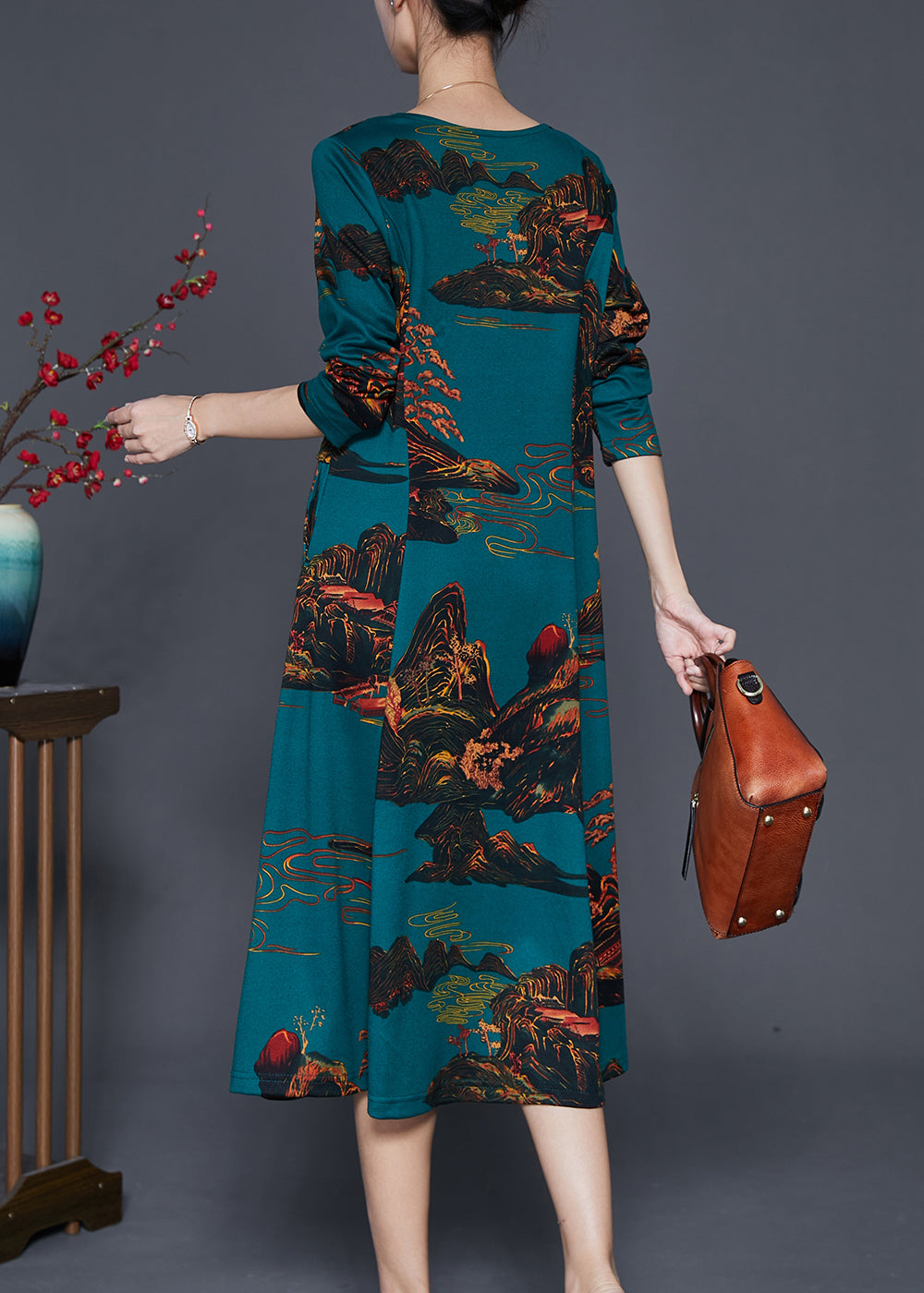 Blackish Green Print Silm Fit Cotton a Line Dresses Fall