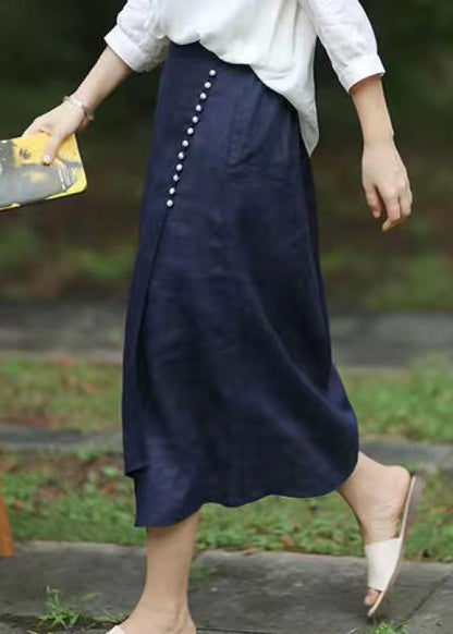 Blue a Line Skirts Button Asymmetrical Design Elastic Waist Spring