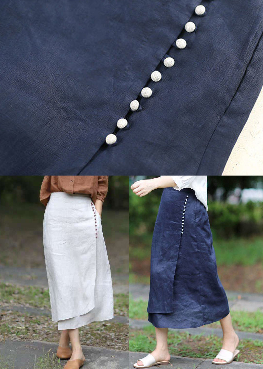 Blue a Line Skirts Button Asymmetrical Design Elastic Waist Spring
