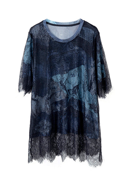 Blue Black Lace Hollow Out Patchwork T-shirt Summer