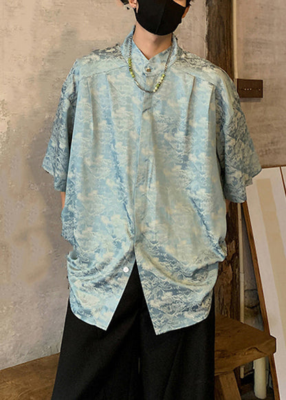 Blue Button Ice Silk Shirts Stand Collar Half Sleeve