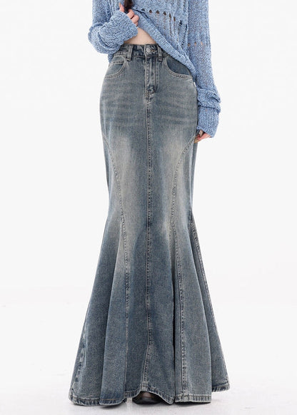 Blue Button Original Design Fishtail Skirts High Waist