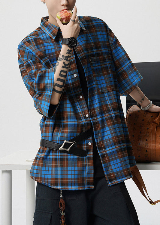 Blue Button Plaid Cotton Summer Shirts Peter Pan Collar