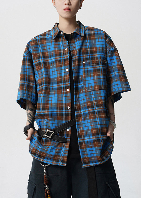 Blue Button Plaid Cotton Summer Shirts Peter Pan Collar