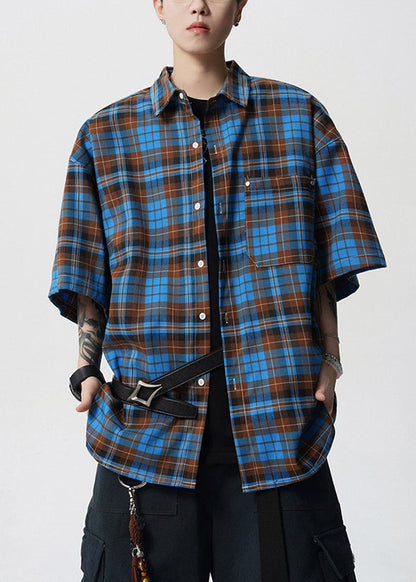 Blue Button Plaid Cotton Summer Shirts Peter Pan Collar