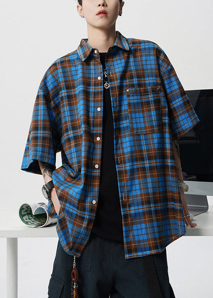 Blue Button Plaid Cotton Summer Shirts Peter Pan Collar