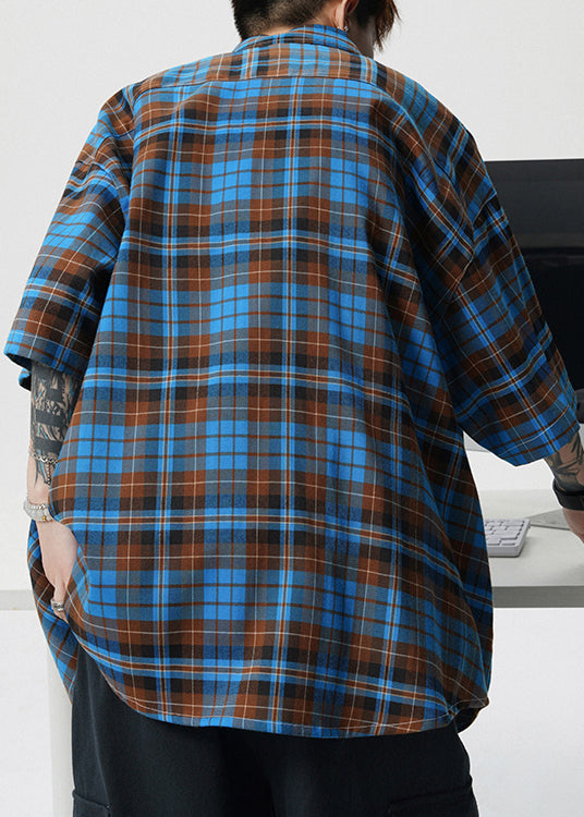 Blue Button Plaid Cotton Summer Shirts Peter Pan Collar