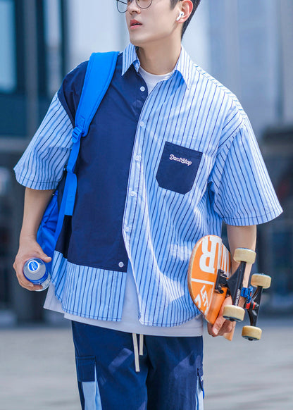 Blue Button Pockets Cotton Shirts Asymmetrical Summer