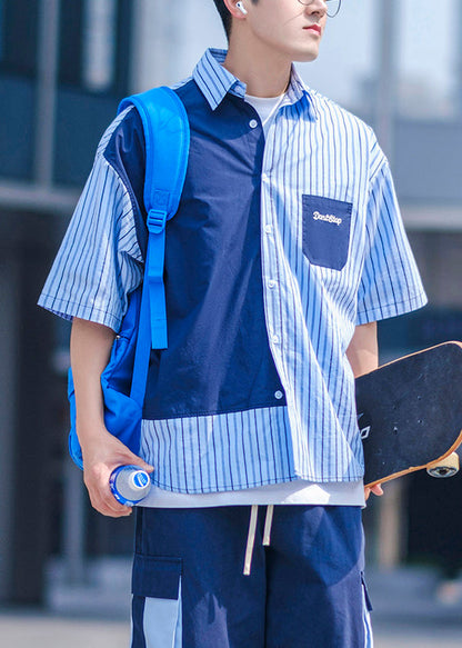Blue Button Pockets Cotton Shirts Asymmetrical Summer