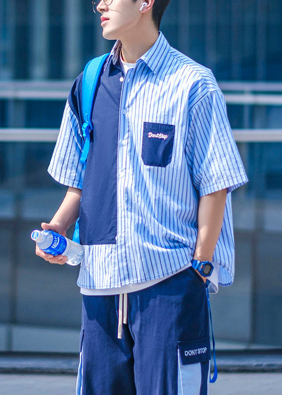 Blue Button Pockets Cotton Shirts Asymmetrical Summer