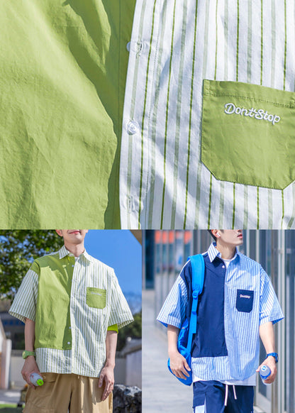 Blue Button Pockets Cotton Shirts Asymmetrical Summer