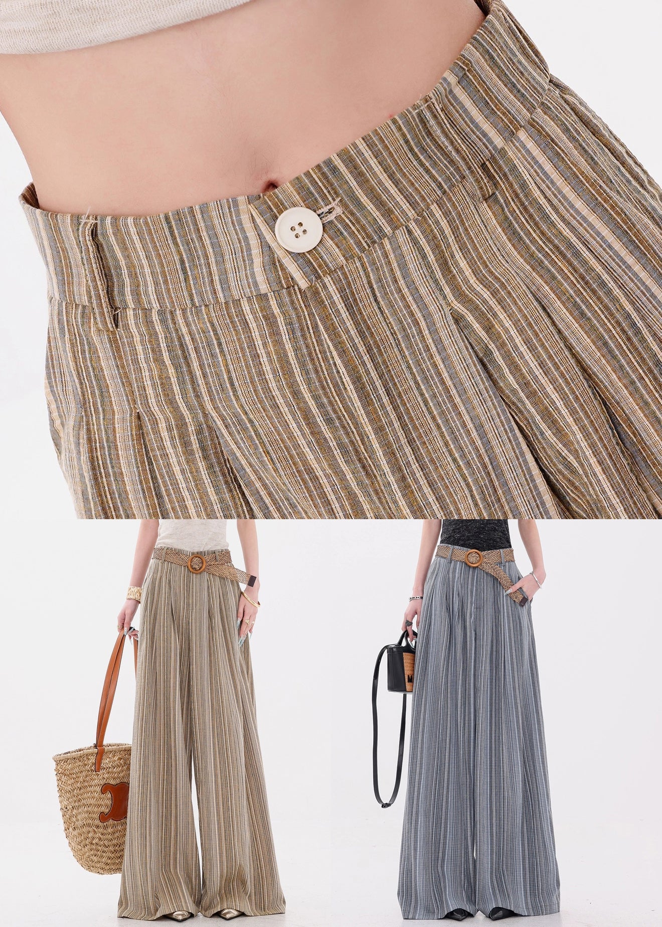 Blue Button Pockets Cotton Wide Leg Pants Elastic Waist