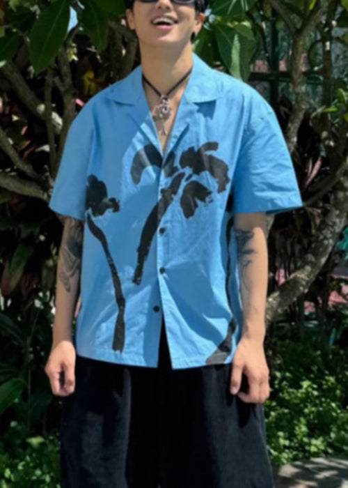 Blue Button Print Cotton Shirts Peter Pan Collar Summer