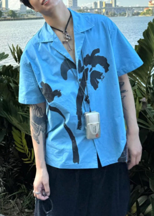 Blue Button Print Cotton Shirts Peter Pan Collar Summer