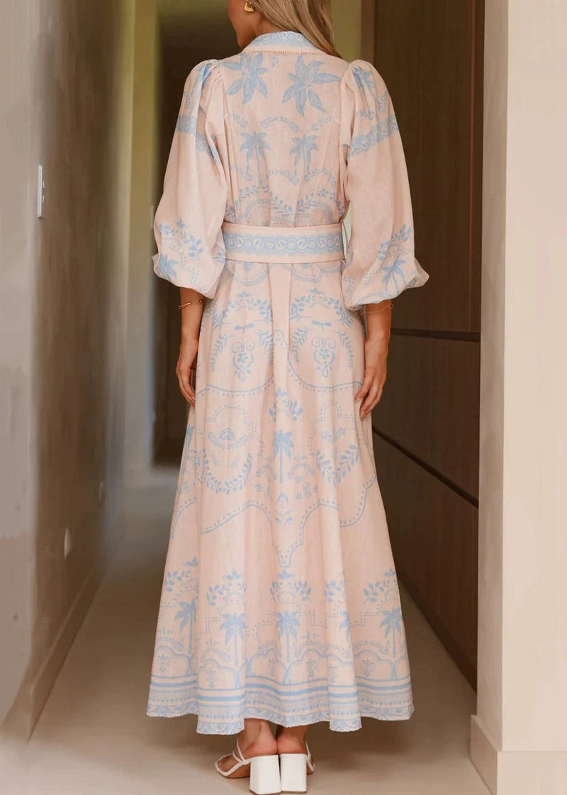 Blue Button Print Linen Spring Shirt Dresses Peter Pan Collar