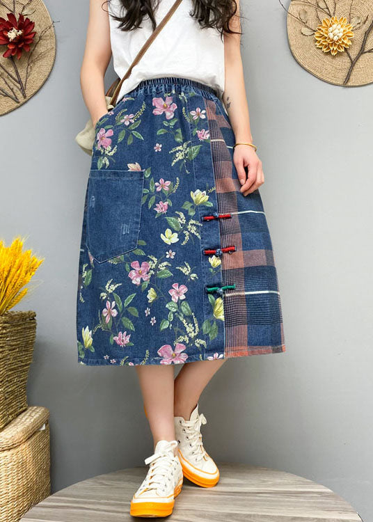 Blue Button Print Patchwork Denim Skirt Spring