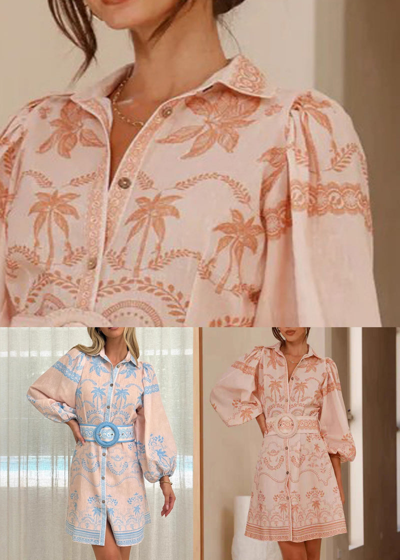 Blue Button Sashes Linen Spring Shirt Dresses Peter Pan Collar