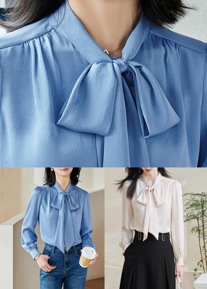 Blue Button Silk Shirts Lace Up Long Sleeve