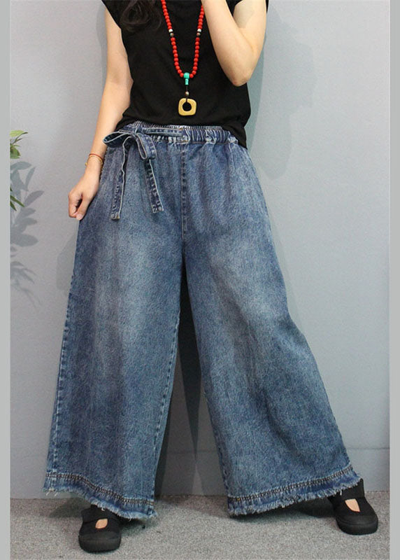 Blue Retro Pockets Tie Waist Fall Wide Leg Denim Pants