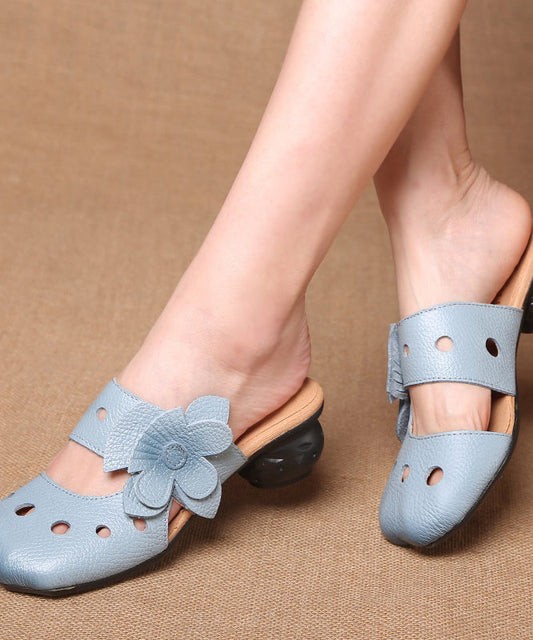 Blue Chunky Cowhide Leather Hollow Out Slide Sandals