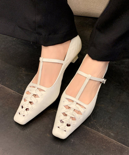 Blue Chunky Heel Cowhide Leather French Splicing Hollow Out
