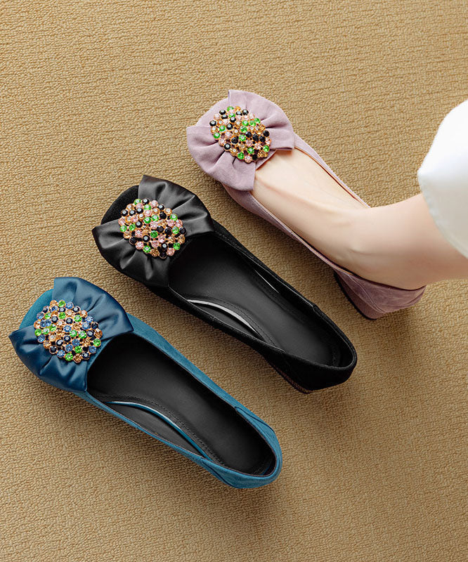 Blue Chunky Heel Shoes Suede Splicing Bow Zircon