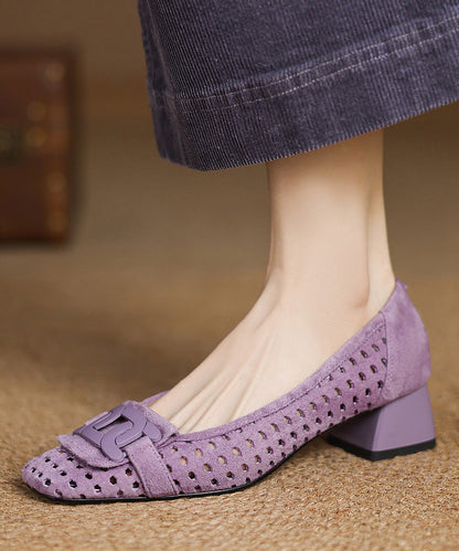 Blue Chunky Heels Suede Hollow Out Splicing