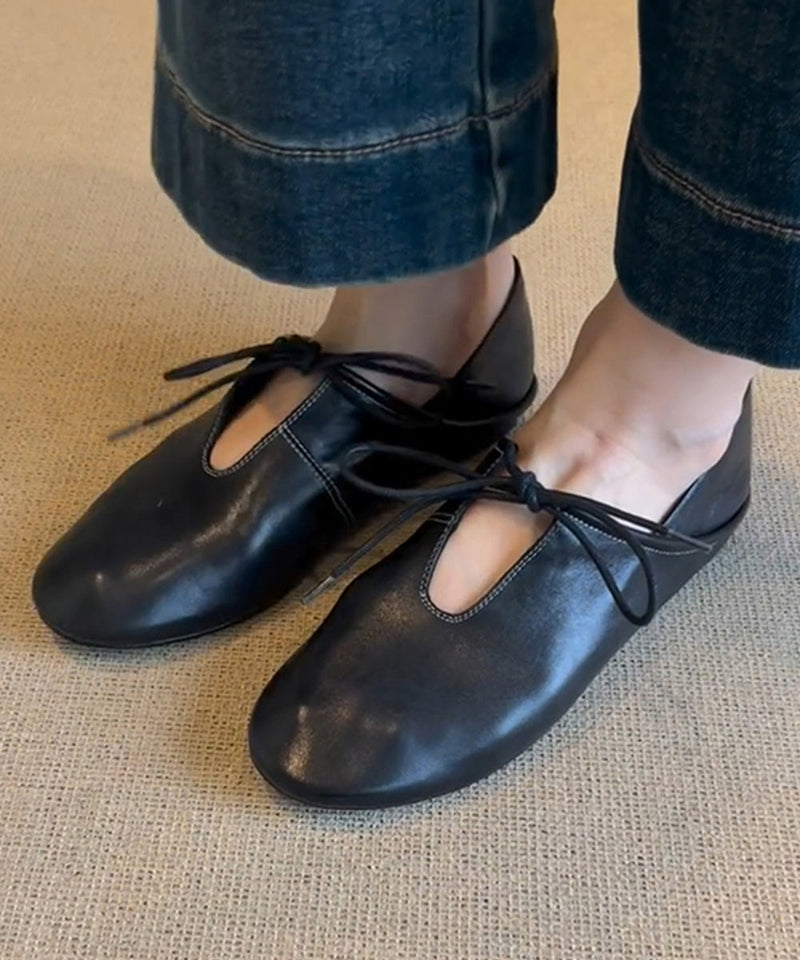 Blue Cowhide Leather Lace Up Splicing Flat Shoes