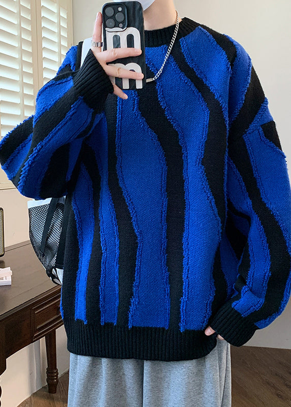 Blue Cozy Patchwork Knit Sweaters Pullover O Neck Winter