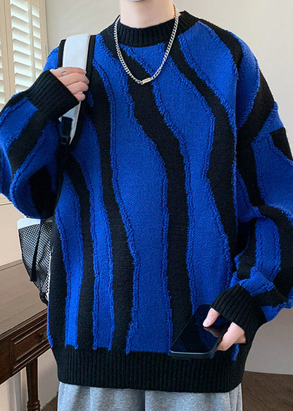Blue Cozy Patchwork Knit Sweaters Pullover O Neck Winter