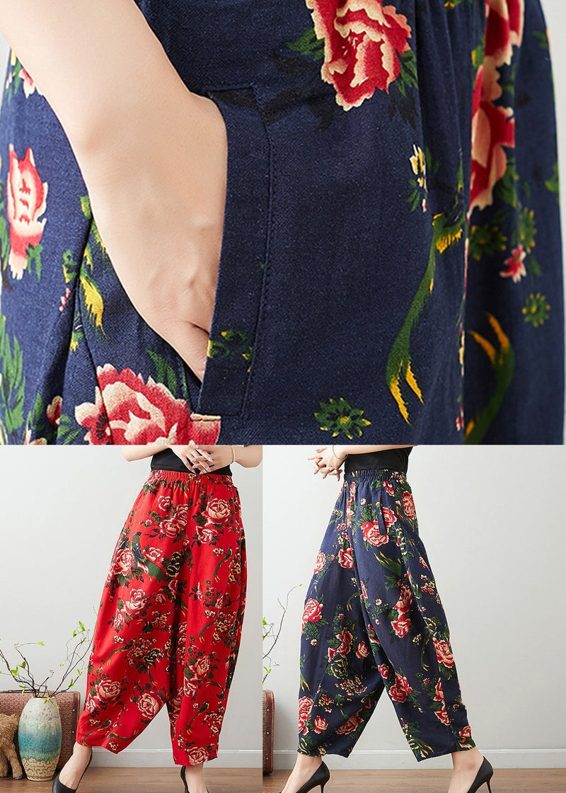 Blue Elastic Waist Lantern Pants Summer