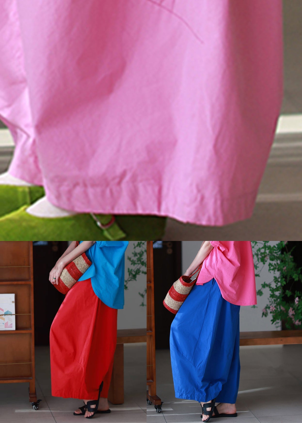 Blue Elastic Waist Loose Cotton Pants Pockets Summer