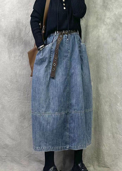 Blue Elastic Waist Patchwork Denim a Line Skirts Pockets